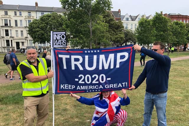 Fans of the visiting President unfurled their pro-Trump flag outside the public arena of the D-Day 75 event on Southsea Common.