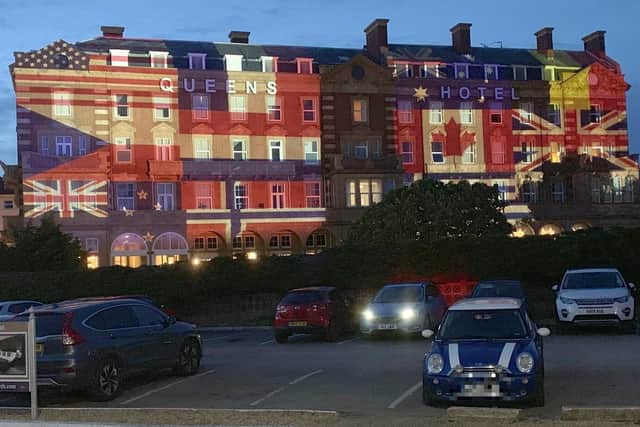 D-Day 75 light display on the Queens Hotel in Portsmouth. Picture courtesy of Nick Courtney