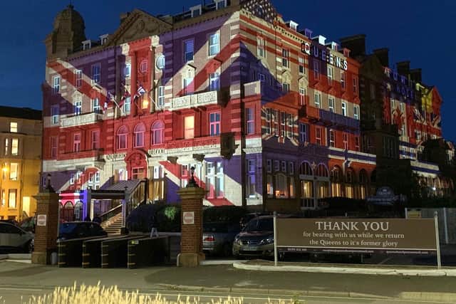 D-Day 75 light display on the Queens Hotel in Portsmouth. Picture courtesy of Nick Courtney