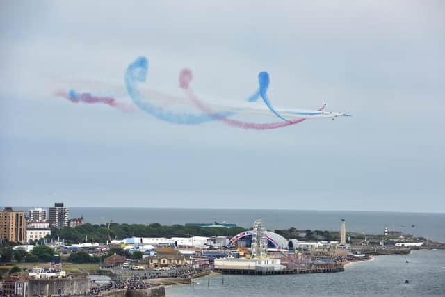 D-Day 75 National Commemorative Event. The Red Arrows display above Portsmouth, Hants.  Morten Watkins/Solent News & Photo Agency. UK +44 (0) 2380 458800