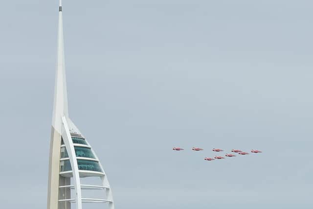 D-Day 75 National Commemorative Event. The Red Arrows fly past the Spinnaker Tower in Portsmouth.  Morten Watkins/Solent News & Photo Agency. UK +44 (0) 2380 458800