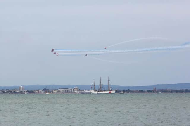 D-Day 75 Red Arrows photographed from Ryde  beach (Isle of Wight) fly over Ryde and Portsmouth/Southsea. Copyright Graham Reading Photography. Picture: www.grahamreading.com