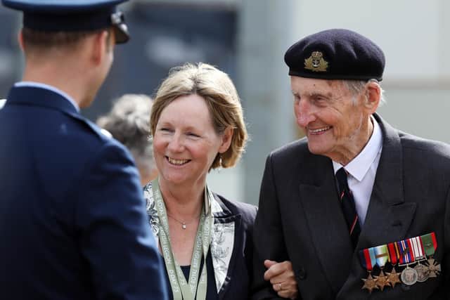 Copp Commando Jim Booth, 97, and his daughter, Vicky Pugh at the D-Day 75 National Commemorative Event in Southsea yesterday Picture: Chris Moorhouse (050619-2)