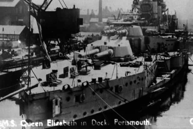 The battleship HMS Queen Elizabeth in Portsmouth dockyard. Picture: Barry Cox postcard collection.