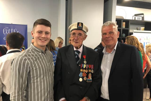LinkedIn Local organisers Carl Hewitt and Ian Gribble with D Day veteran Bert Edwards, from Portsmouth. Picture: Kimberly Barber