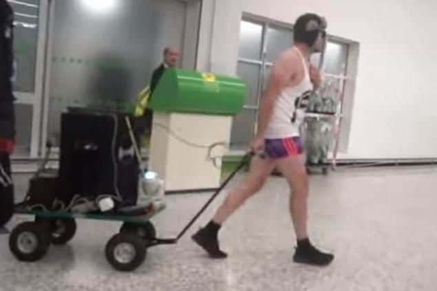 YouTube prankster Lee Marshall, 34, who goes by the name DiscoBoy on the streaming site has been convicted of assault by beating against an Asda supermarket night manager.
Pictured: Lee Marshall wearing shorts, a vest and a hat inside the Asda store