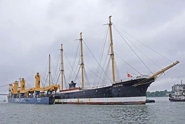 The former Arethusa II, renamed Peking, leaving New York for Hamburg. Picture: Company of Master Mariners
