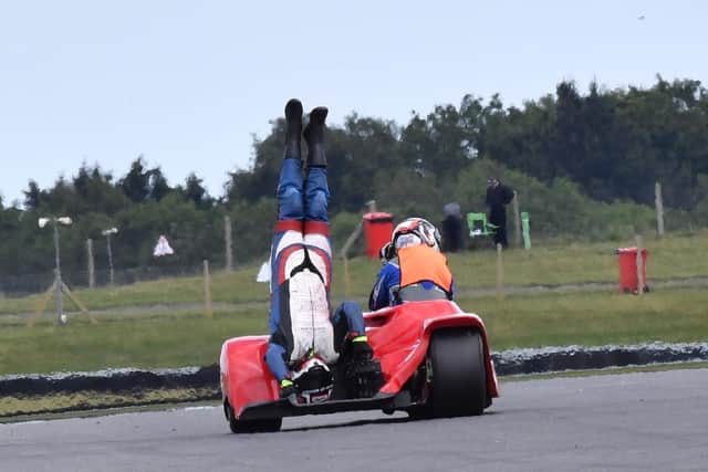 The victory celebration at Snetterton. Tommy Philp and Portsmouth's Jonny Allum on the Brian Gray Powerbiking Race Team LCR Yamaha in the Bemsee F1 sidecar championship. Picture: Jenny Triker-Wells