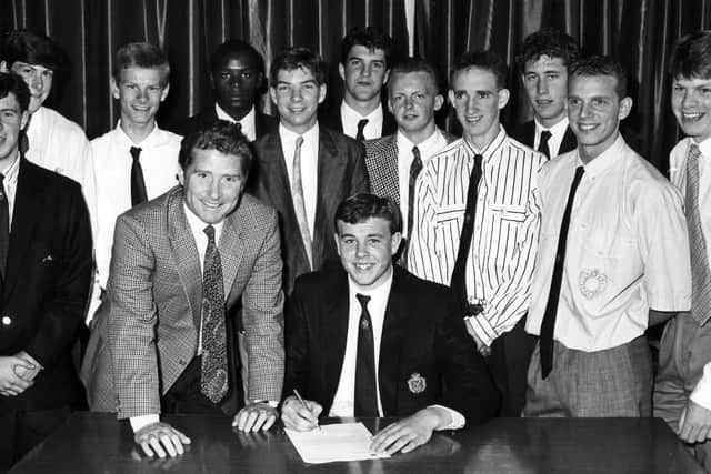 First-team manager Alan Ball poses with Pompey's new intake of apprentices in July 1988. Among them Lee Smith (fifth from the right), Darren Anderton, Andy Awford and Darryl Powell