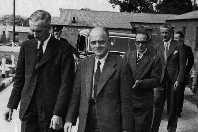 School inspectors, possibly, at Stockheath School, Bedhampton, buildings which were once HMS Daedalus III, about 1950.