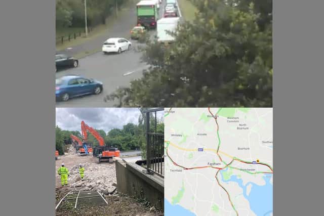 Highways England has shut the M27 to demolish a bridge. Pictures show the traffic in Fareham, a live map showing traffic at around 1pm and the demolition work. Pictures: ROMANSE/Google/Highways England