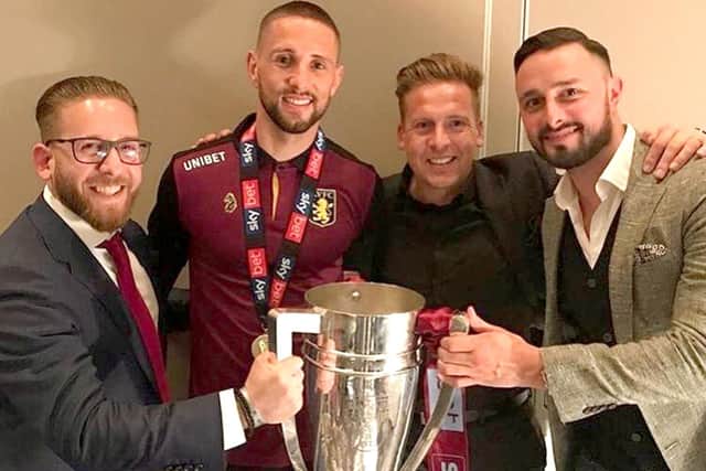 Brian Howard with client Conor Hourihane following Aston Villa's play-off final success over Derby to reach the Premier League