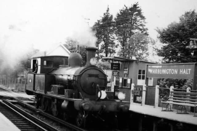A long way from home: An Adams Radial Tank at Warblington Halt. It used to work the Axminster to Lyme Regis branch line. Picture: Barry Cox postcard collection.
