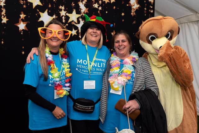 Moonlit Memories Walk 2019 for Rowans Hospice along the Seafront and Old Portsmouth - At the fancy dress photo booth (l-r) Jane Drain, Jo Dark, Deborah Tanner and mascot. Picture: Vernon Nash (150619-006)