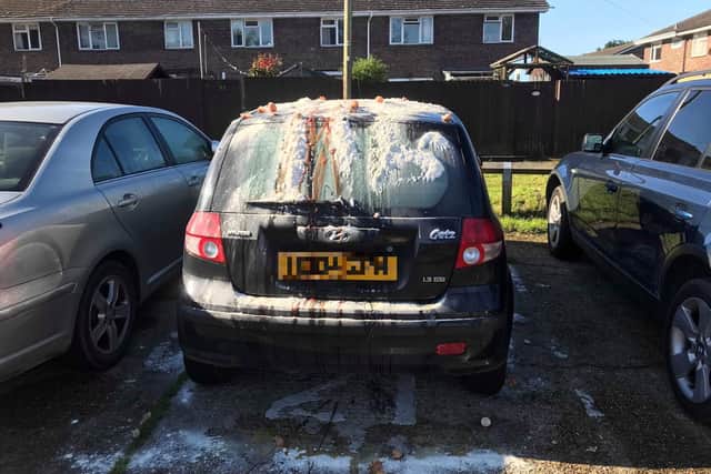Army reservist 18-year-old Charli Wheatley burst into tears when she discovered her 900 Hyundai had been covered in flour, ketchup, eggs and a dead badger had been left on the windscreen in Field Way in Denmead. Picture: Charli Wheatley