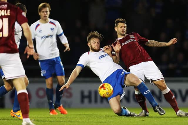 Matt Clarke and Adam Webster partnered each out in the centre of Pompey's defence at Northampton in December 2015. Picture: Joe Pepler
