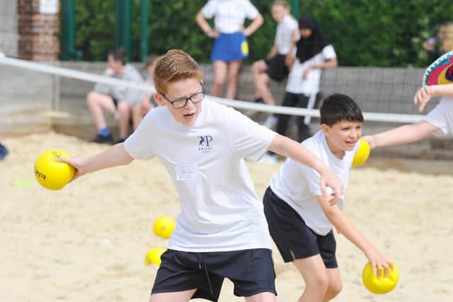 Billy Carr, left, and Zaki Sherif during dodge ball.
Picture: Sarah Standing (200619-1105)