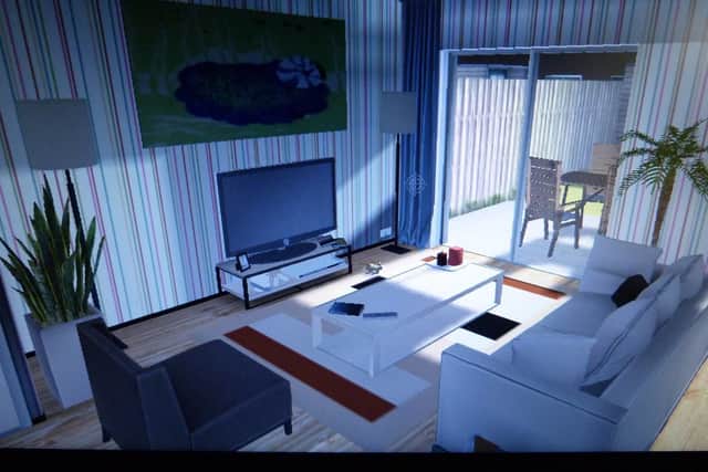 The scene as the burglar enters the virtual reality living room.