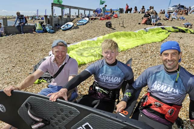 Phil Haslam from Newcastle with his son Will and Pete Jones at the 2019 Kitesurfing Armada Festival. Picture Ian Hargreaves (220619-05)
