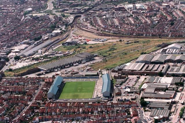 Helicopter shot of Fratton Park, July 7 1994. (5698-14)