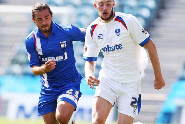 Ipswich Town teenage defender Matt Clarke joined Portsmouth on loan on August 3, 2015, after spending July on trial with The Blues. Here he is in action during a pre-season game against Gillingham with Bradley Dack chasing him down.