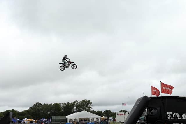 Bolddog Lyngs freestyle motorcycle display team. HMS Sultan Summer Show 2019, Gosport. Picture: Chris Moorhouse (160619-45)