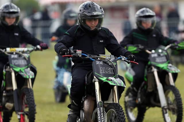 The Green Rockets motorcycle display team. HMS Sultan Summer Show 2019, Gosport. Picture: Chris Moorhouse (160619-41)