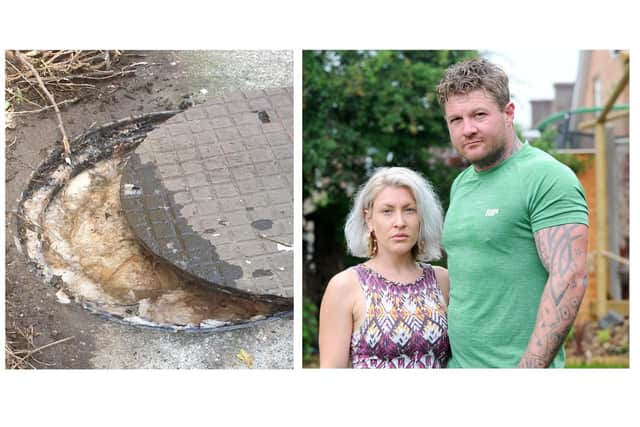 Left, the clogged drain and right, Michelle Egan and her partner Roy Martin. Picture: Sarah Standing (240619-9607)
