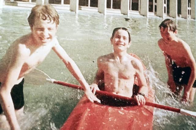 Pooling The News - three lads who thought the pond outside The News Centre, Hilsea, was Hilsea Lido across the road, 1984.