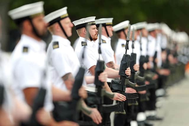 Members of the Royal Navy Small Ships and Diving unit practice on the parade ground at HMS Collingwood, as they prepared for the Royal wedding where they provided ceremonial support in 2018. Photo: Andrew Matthews/PA Wire