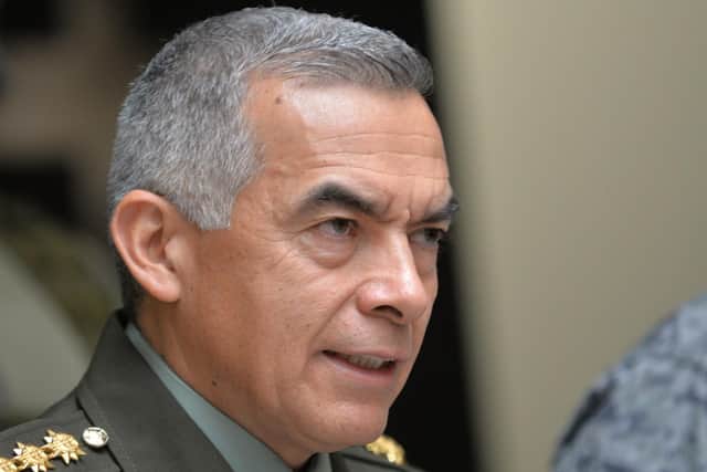 Colombian police director general Oscar Atehortua, speaks during a press conference after Jhon Viafara's arrest on suspicion of drug trafficking. Picture DIANA SANCHEZ/AFP/Getty Images.