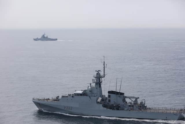 HMS Forth, in the foreground, accompanies the Russian Navys corvette, Vasily Bykov, through the English Channel. Picture: Lphot Sam Seeley/ Royal Navy