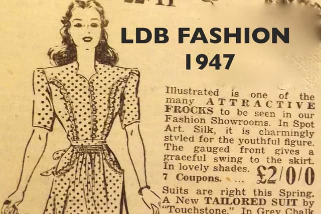 Frocks for the youthful figure... fashion at the LDB store, Portsmouth, 1947. Not only did you need 2, but in this instance, seven clothing coupons too.