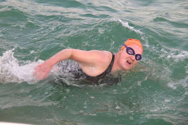 Rosalinda Hardiman, half-way through her English Channel triumph in 2009