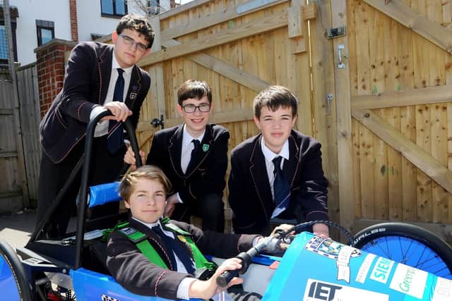 Eco car engineers (back l-r) Jed Hawker (15), William Trise (14) and Jacob Driver (13) with (front) Dylan Cook (11).

Picture: Sarah Standing (270619-1794)