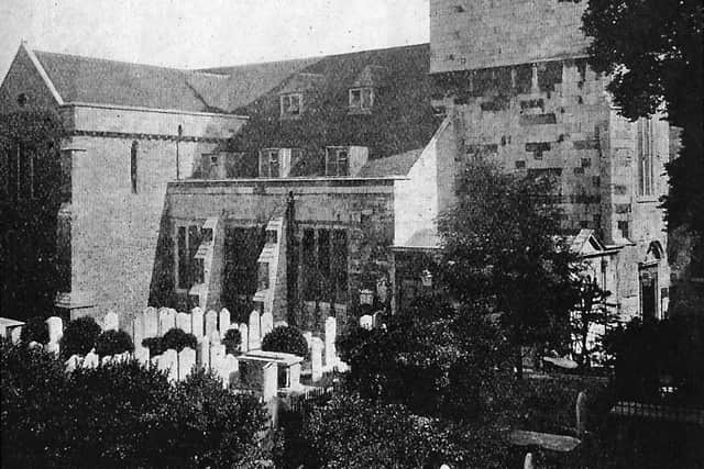 Taken from St Thomass Street, Old Portsmouth, we see what is now the Anglican cathedral when there were many headstones in the churchyard.
