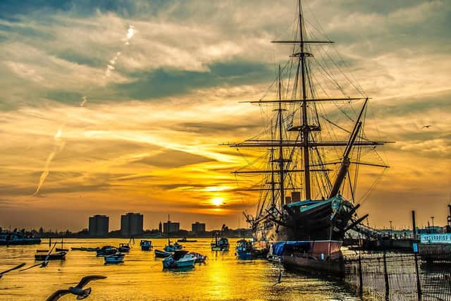 Sunset over HMS Warrior at Portsmouth Historic Dockyard. Picture: Shaun Roster of Southsea.