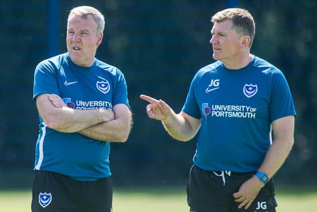 Kenny Jackett with Pompey assistant Joe Gallen. Picture: Habibur Rahman