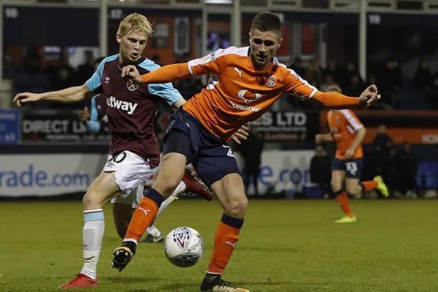 Aaron Jarvis in action for Luton against West Ham under-21s in the Checkatrade Trophy