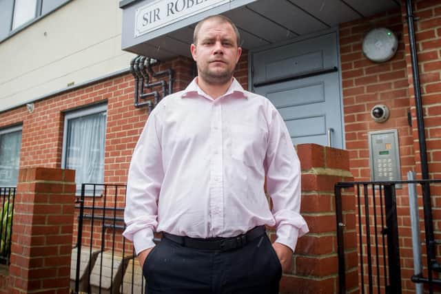 Darren Barnett has concerns that fire safety is not up to scratch at the block at Sir Robert Peel House, Portsmouth. Fire marshals have been put in place since he complained about a fire alarm ringing for 20 hours on April 8-9. Picture: Habibur Rahman