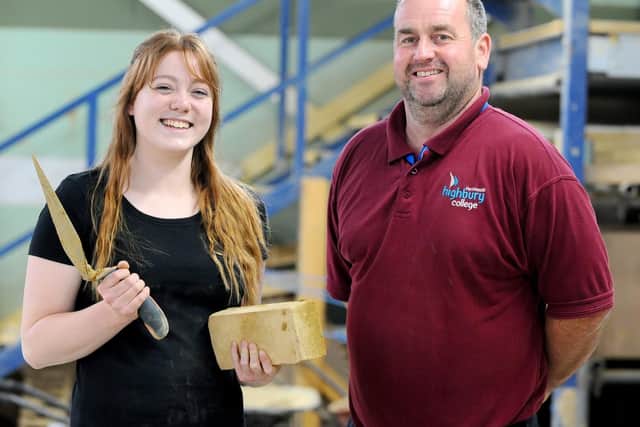 Abbey Blackman (19) with advanced trainer in brickwork at Highbury College Rob Higgins.

Picture: Sarah Standing (280619-16)