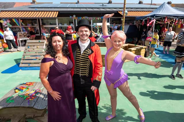 SEN Assistant Tracy Fenton with Aaron Fitzgerald and Leah Lloyd of Princess Party Entertainment. Picture: Vernon Nash (290619-002)