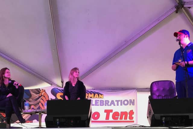From left, Erica Durance, Helen Slater and Luke Bugg. Picture: The Geek of Steel