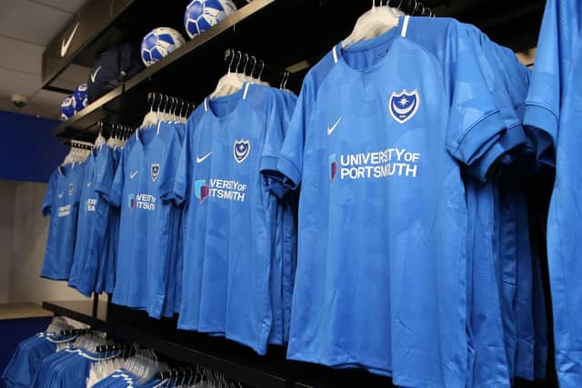 Pompey's 2018-19 home kit in the Anson Road club shop. Picture: Habibur Rahman