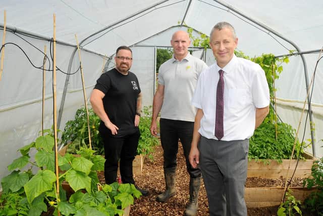 (l-r) Steven Cross, head chef, Nigel Pritchard, facilities manager and Chris Anders, headteacher at Park Community School in Havant.

Picture: Sarah Standing (280619-2144)