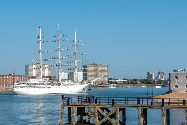 The sail training ship as she sailed into Portsmouth Harbour. Photo: Shaun Roster