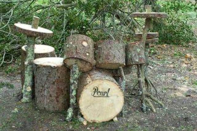 I thought this might amuse all you musicians out there. A drum kit made of tree trunks. Picture: Amy Wood