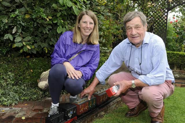(l to r), Helen Young gets to see Richard Thornes garden railway. Picture: Ian Hargreaves  (070719-3)