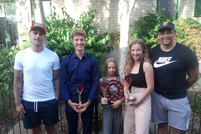 (l-r) Havant & Waterlooville player, Sam Magri, Oliver Matthews, 15 (runner up), Sports Personality of the Year winner, Olivia Wright, 13, Georgina Burr, 15 (third place) and Ebbsfleet United goalkeeper, Nathan Ashmore.