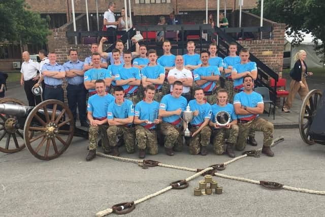 RAF Cosford crew with their trophy at HMS Collingwood Junior Leaders Field Gun Competition